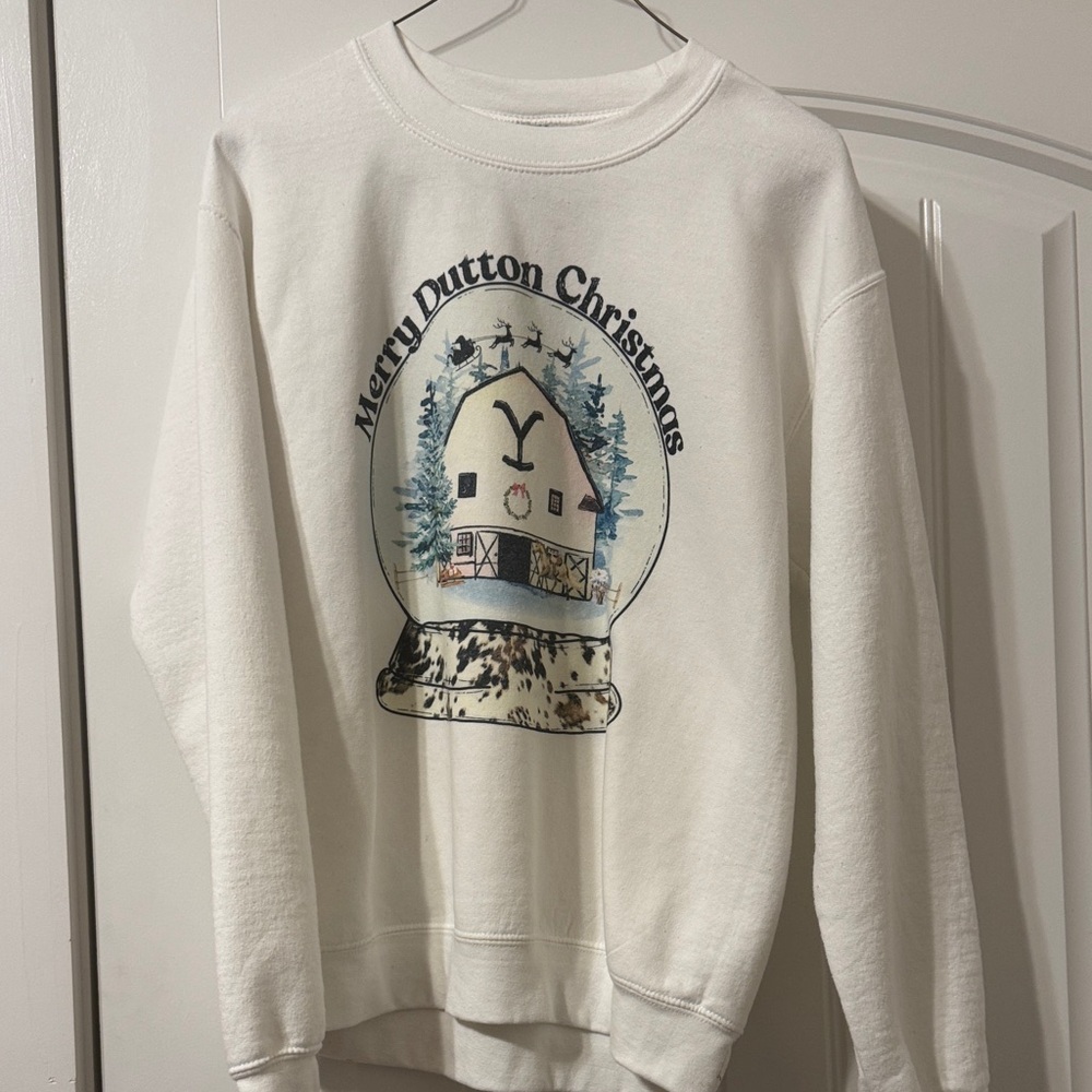 Gildan White Merry Dutton Christmas Graphic Crewneck Sweater